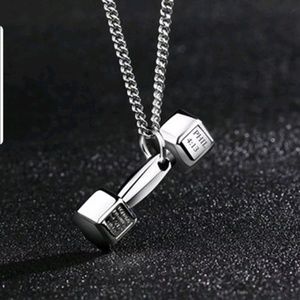 Large silver barbell dumbbell necklace